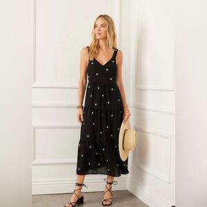 Karen Kane black linen blend tiered midi dress with embroidered flowers. Size M.